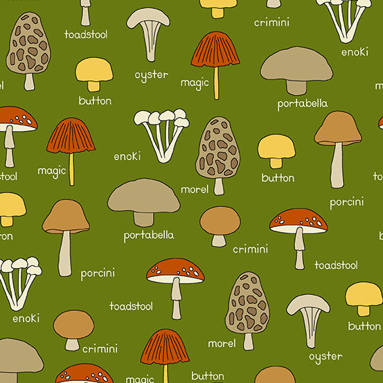 Give Thanks Mushrooms Green - Kim Schaefer - PER FULL METRE