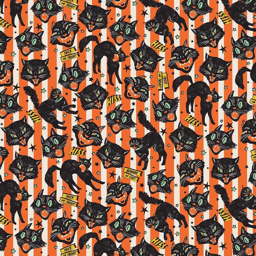 Wicked Willow Trick or Treat Cats Orange - PER QUARTER METRE