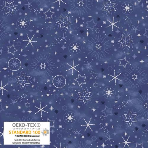 We Love Christmas 2026 - Stof - Stars &amp; Snowflakes Metallic Blue Silver - PER QUARTER METRE