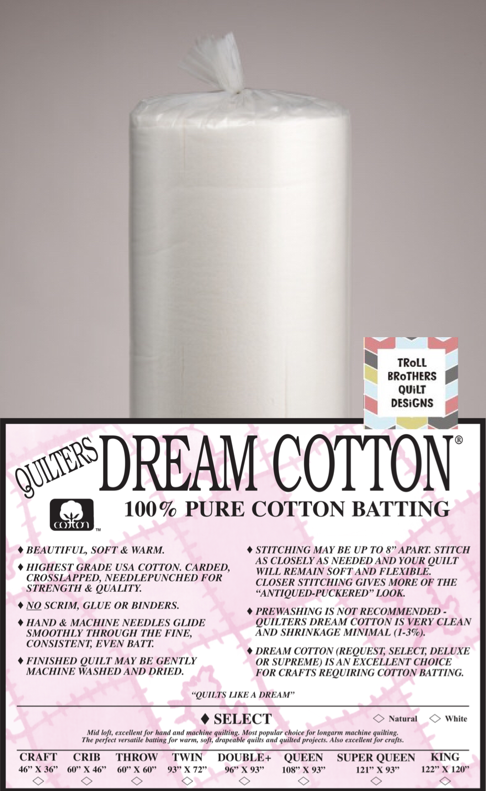 Quilters Dream Request Cotton - 92" Natural Full Roll Batting (27m)